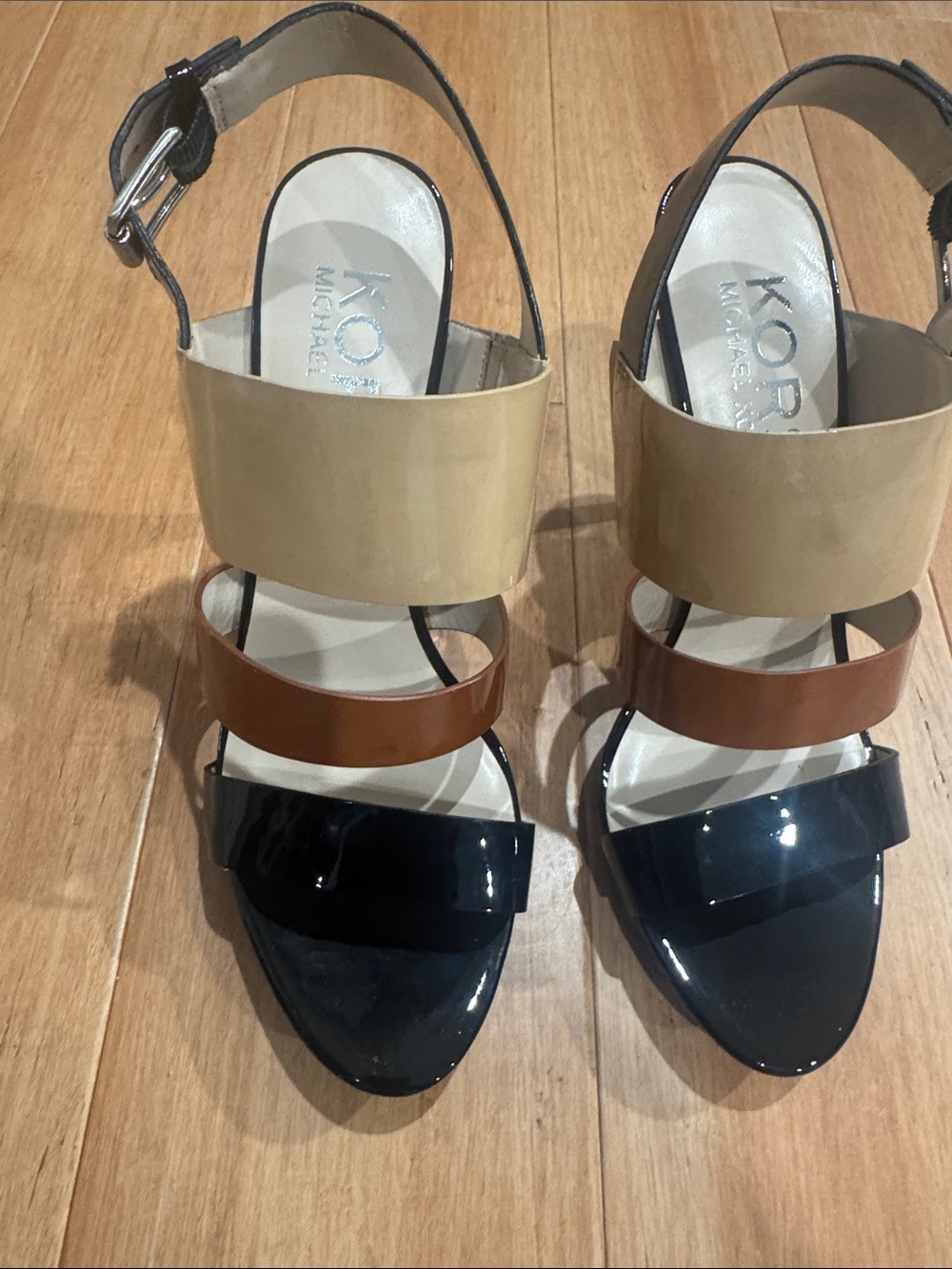 KORS Michael Kors black, Tan & Brown Block Strap Sandals